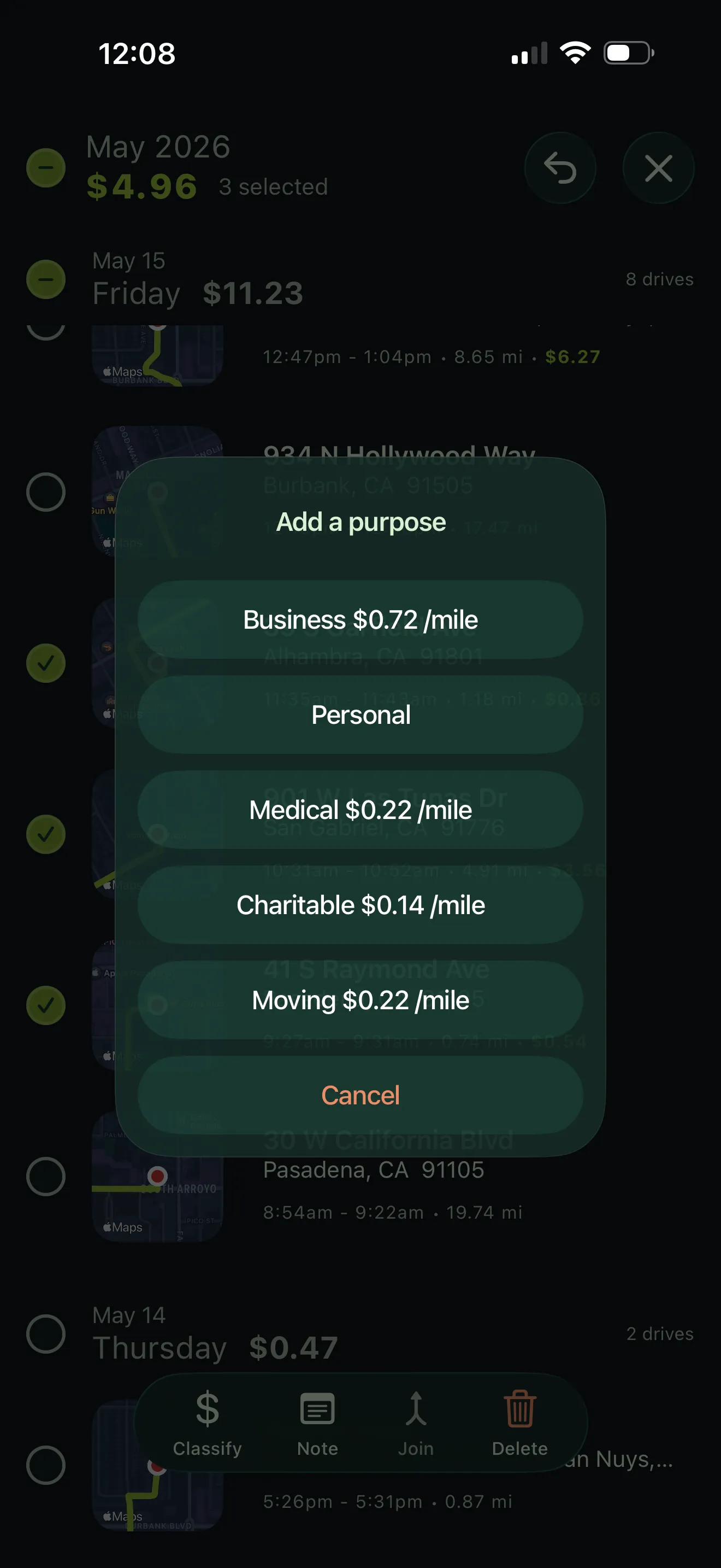 Multi-select classify action on 3 drives with the Add a purpose modal open — Business $0.72/mile, Personal, Medical $0.22/mile, Charitable $0.14/mile, Moving $0.22/mile