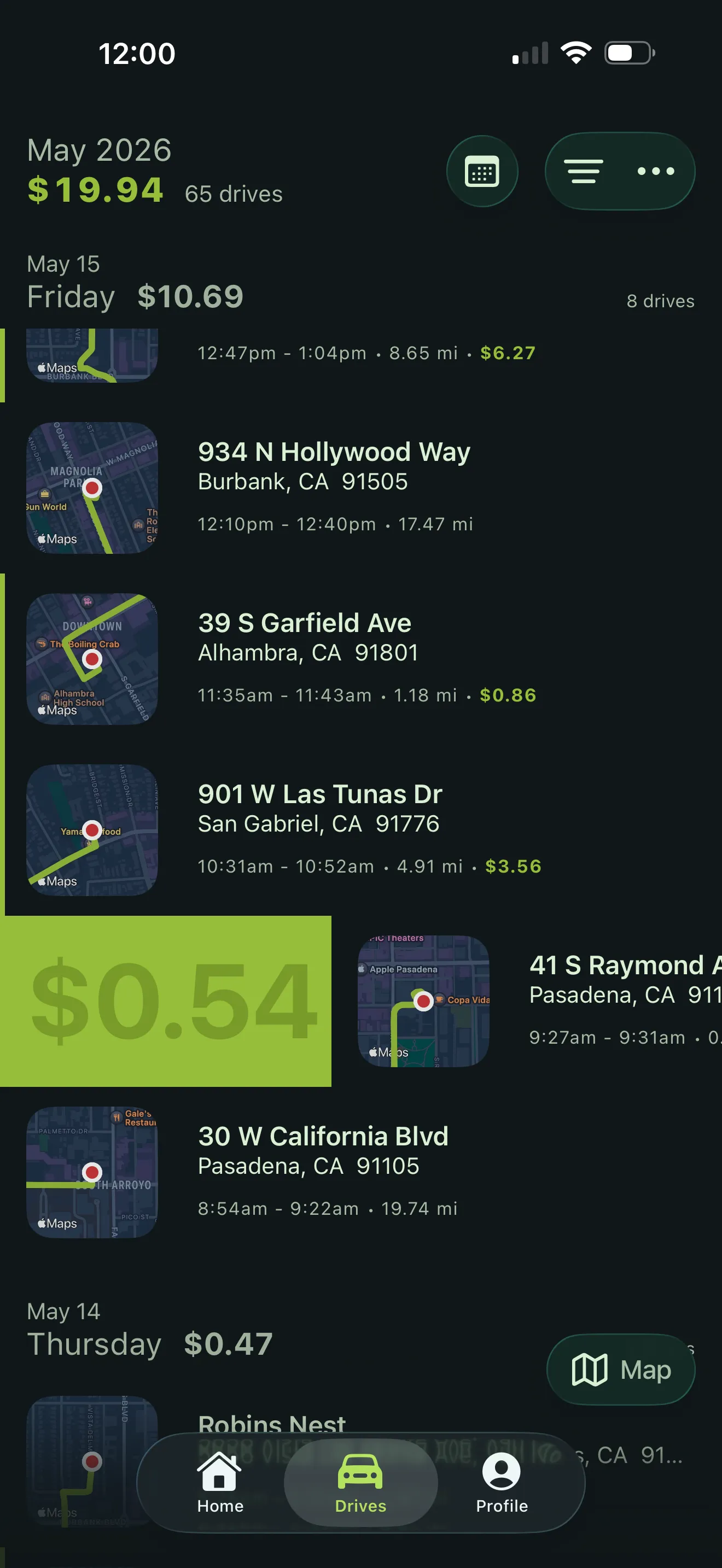 EveryLastMile drives timeline with a row swiped open to reveal the deduction value ($0.54) and quick-classify action