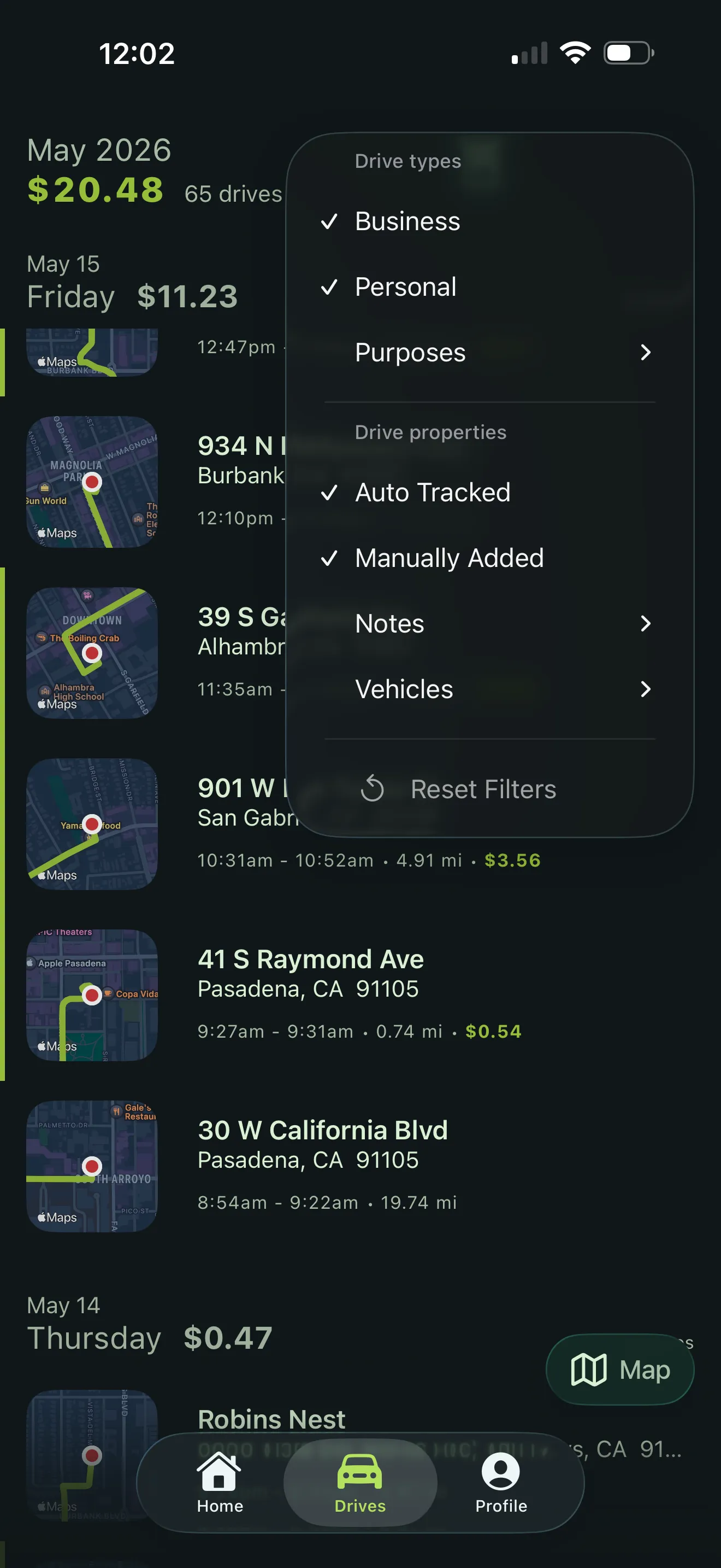 Drives list with filter menu open — drive types (Business, Personal, Purposes), drive properties (Auto Tracked, Manually Added, Notes, Vehicles), and Reset Filters action
