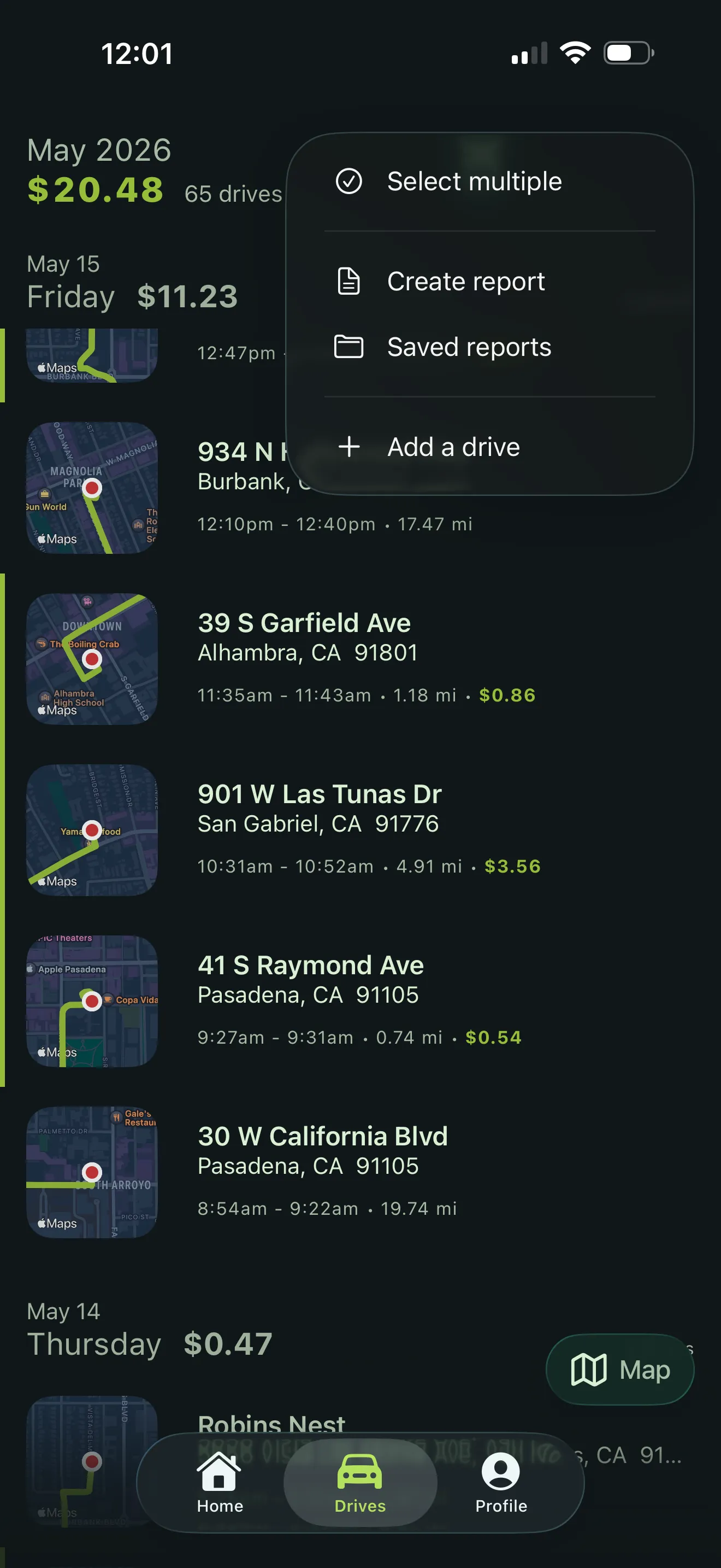 EveryLastMile drives list with the reports context menu open — Select multiple, Create report, Saved reports, Add a drive