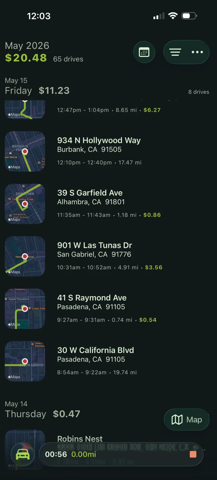 EveryLastMile drives timeline — May 2026 month view with detected trips grouped by day, each showing route map, start/end addresses, time, mileage, and deduction value