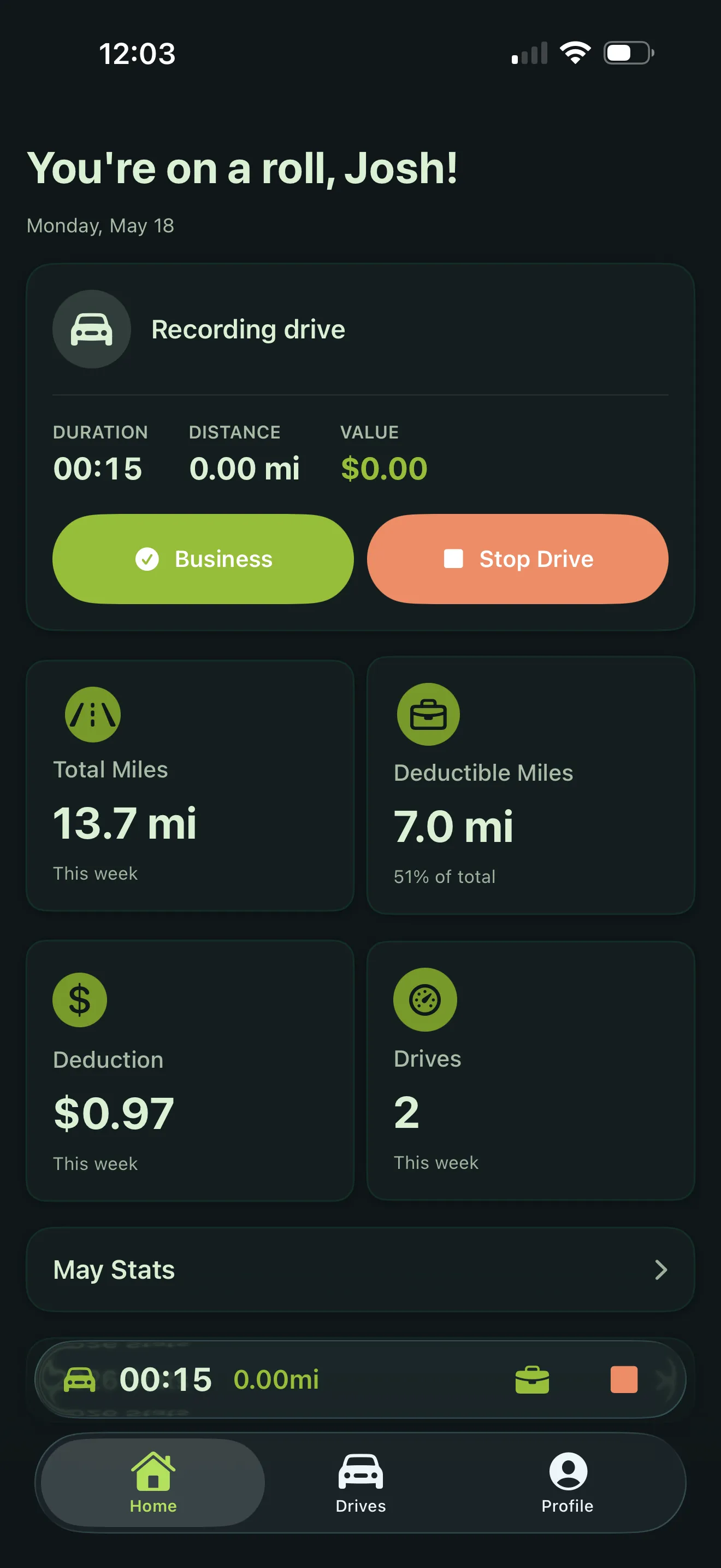 EveryLastMile home screen actively recording a drive — duration, distance, Business classification chip, weekly totals (13.7 mi, 7.0 mi deductible, $0.97), and a 2-drives week count